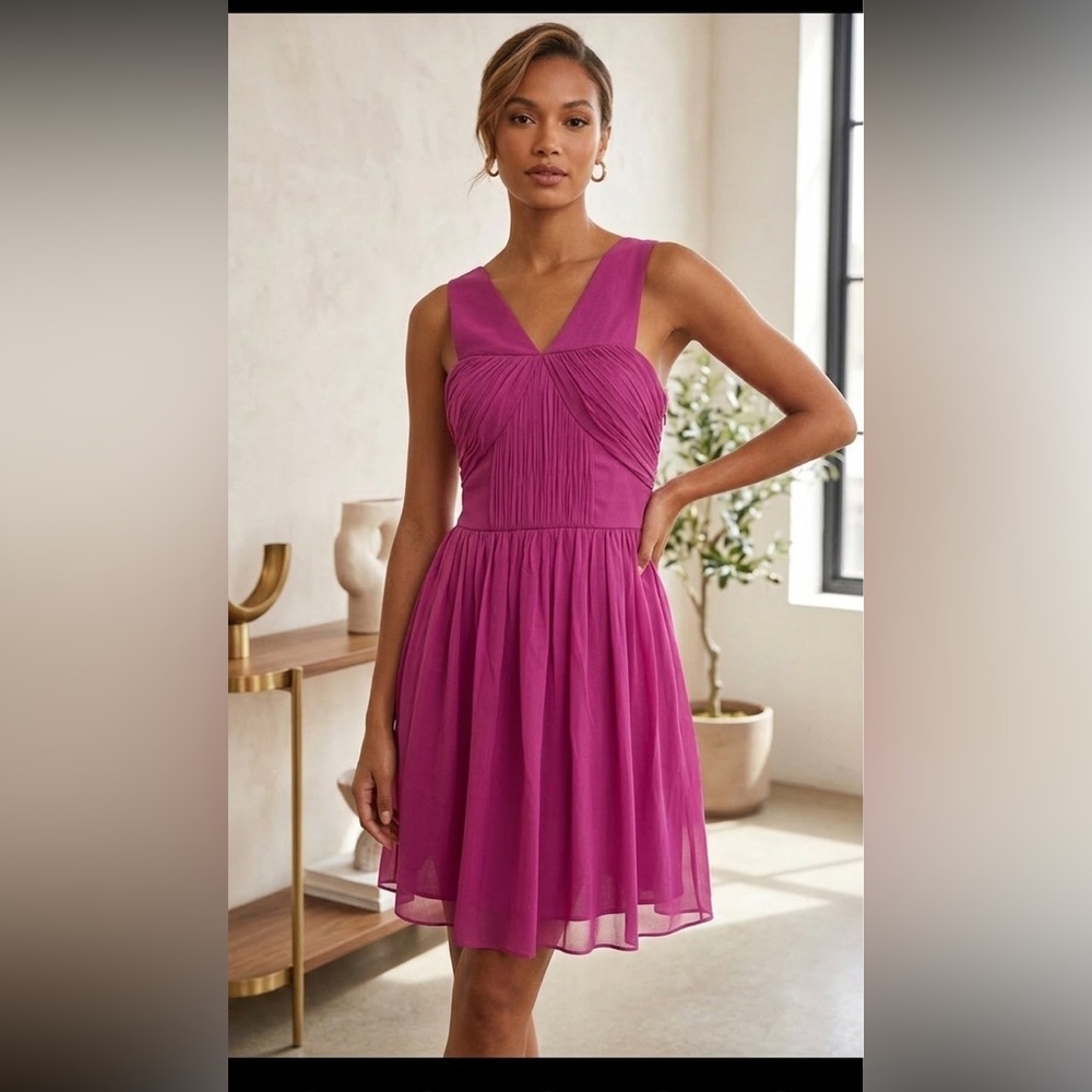 Tibi New York 100% Silk Fuchsia Lined Pleated elegant mini dress v neck  4